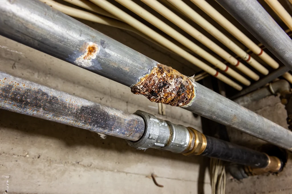 Rusted section of galvanized steel water pipe running along a basement ceiling