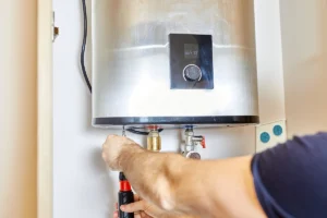 Tankless water heater providing on-demand hot water for a home.