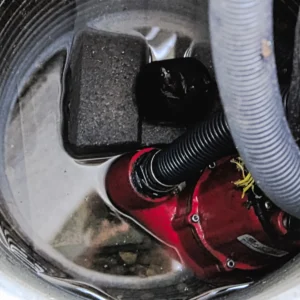 Sump pump maintenance — close-up view of a red sump pump in a pit during inspection showing how long sump pumps last.