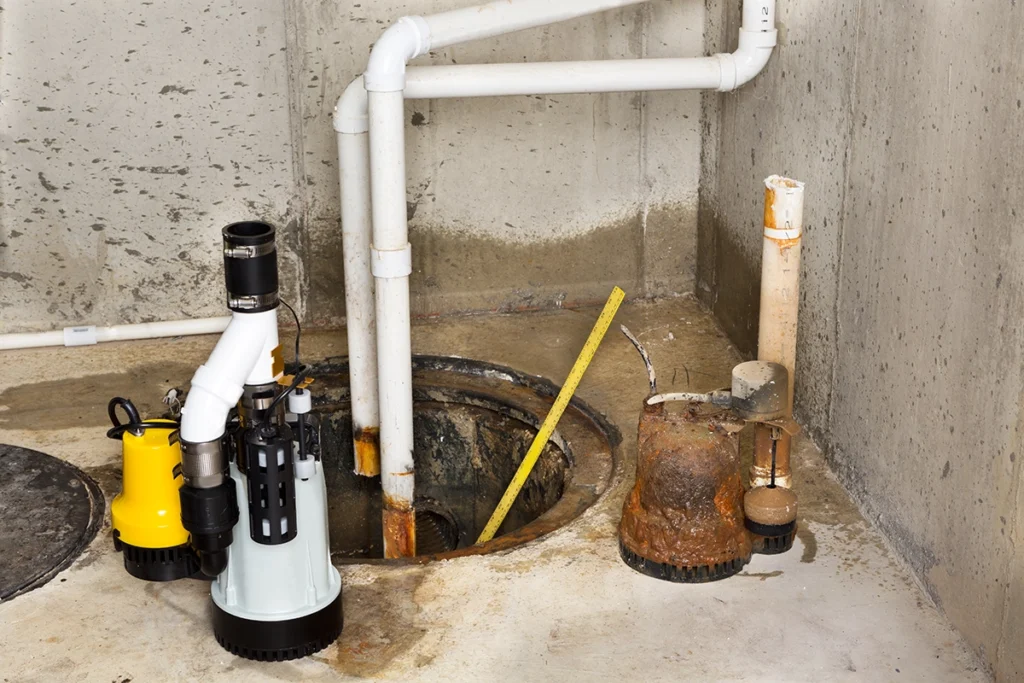 How long sump pumps last visual — aging pump beside a new sump pump in a home basement.
