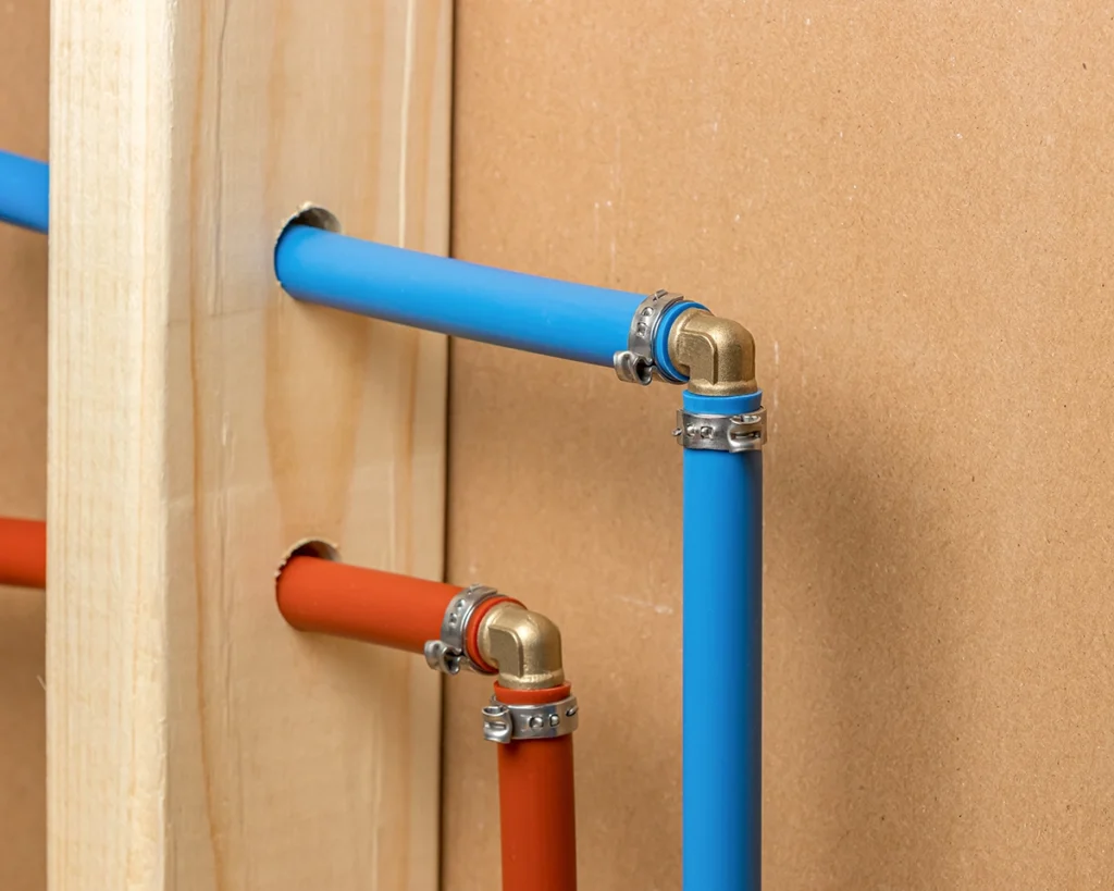 Red and blue PEX plumbing lines installed with elbow fittings in a residential wall.