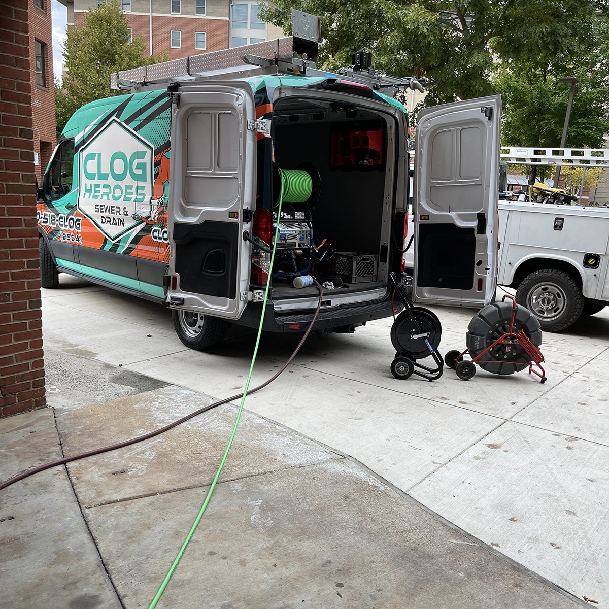 Drain jetting equipment set up for professional drain cleaning service