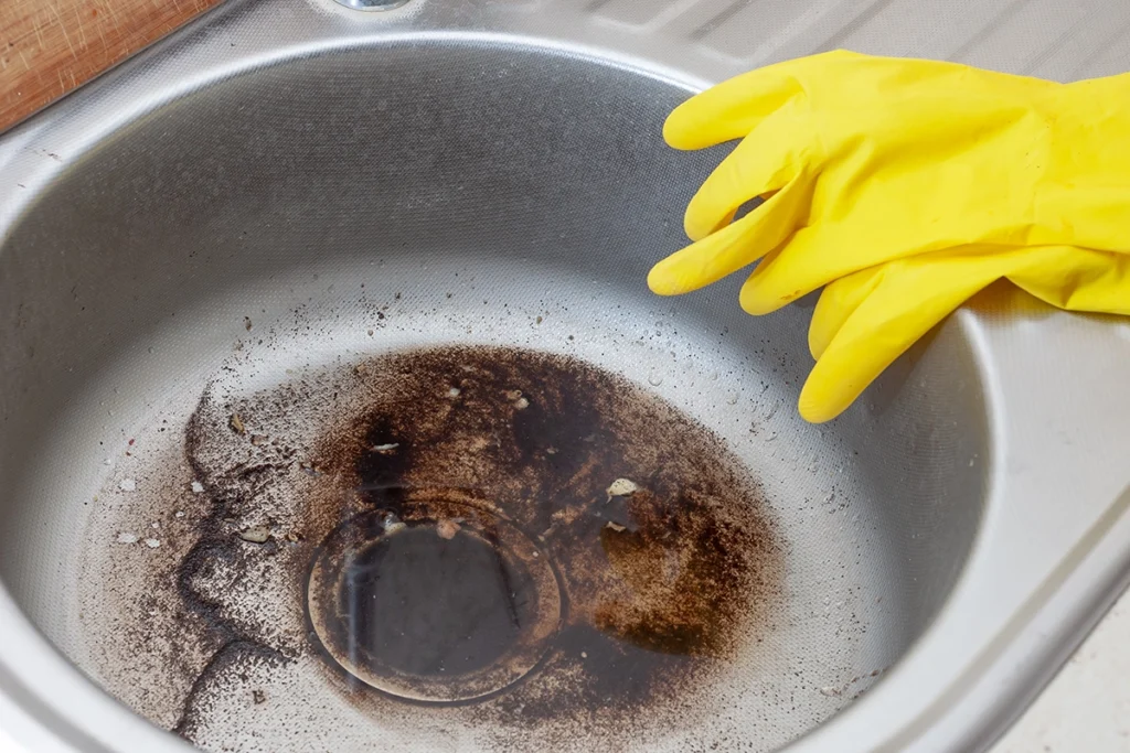Kitchen sink clogged with standing water and grime near the drain