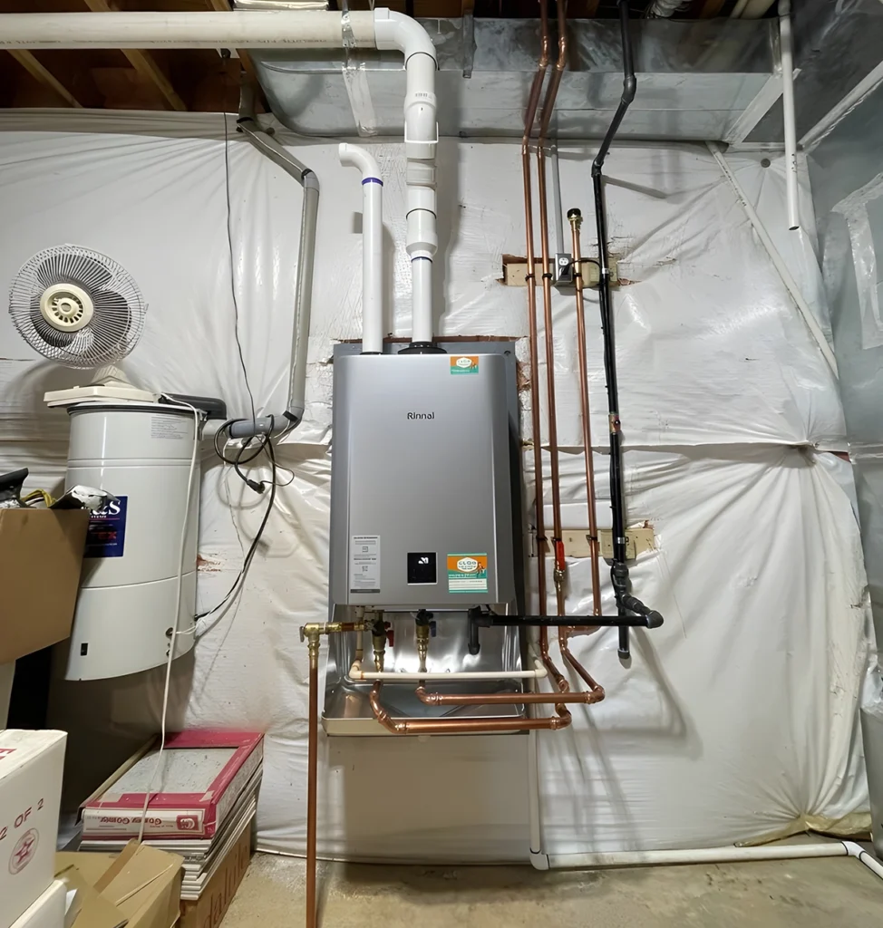Tankless water heater pros and cons: Rinnai unit installed in home utility area