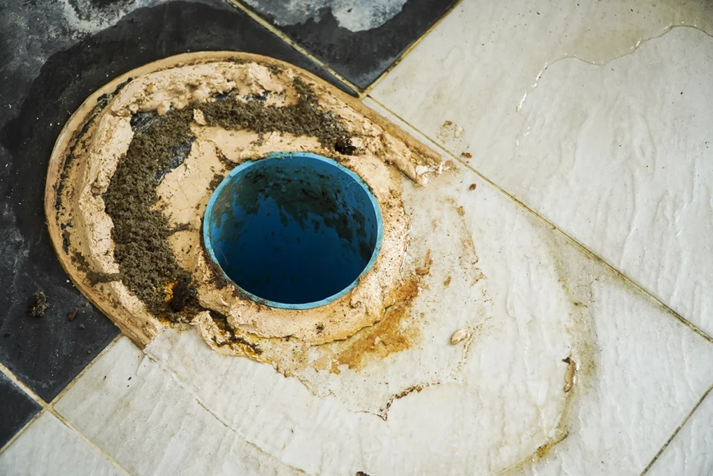 Close-up of a damaged toilet flange opening with old wax ring residue and floor staining, showing common offset toilet flange problems during toilet repair